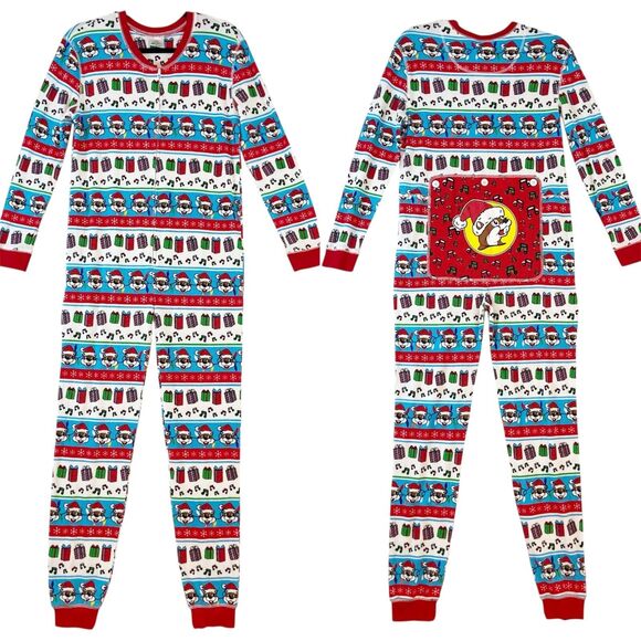 Buc cee's Pajamas Adult Medium Bodysuit Multicolor Christmas Waffle Knit Zip Up - Picture 1 of 8